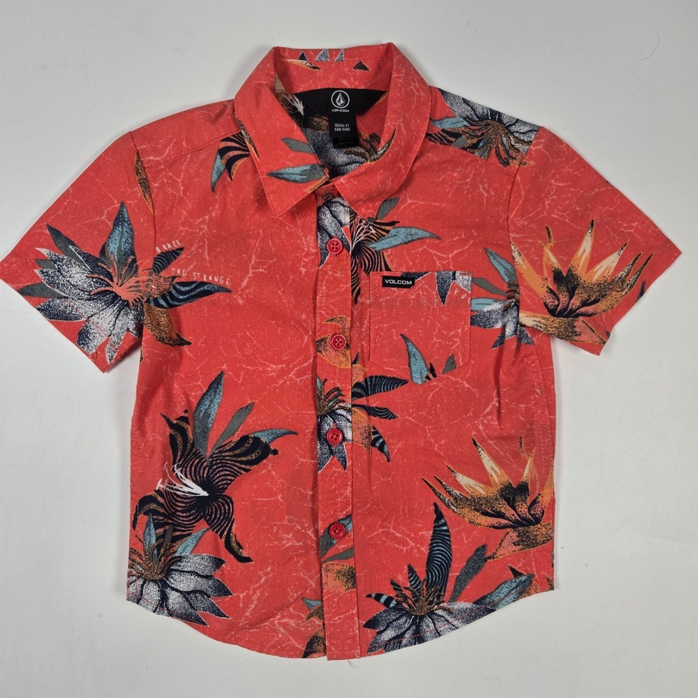 Volcom Button Down Shirt 2T Hawaiian Tropical Floral Bird of Paradise Summer